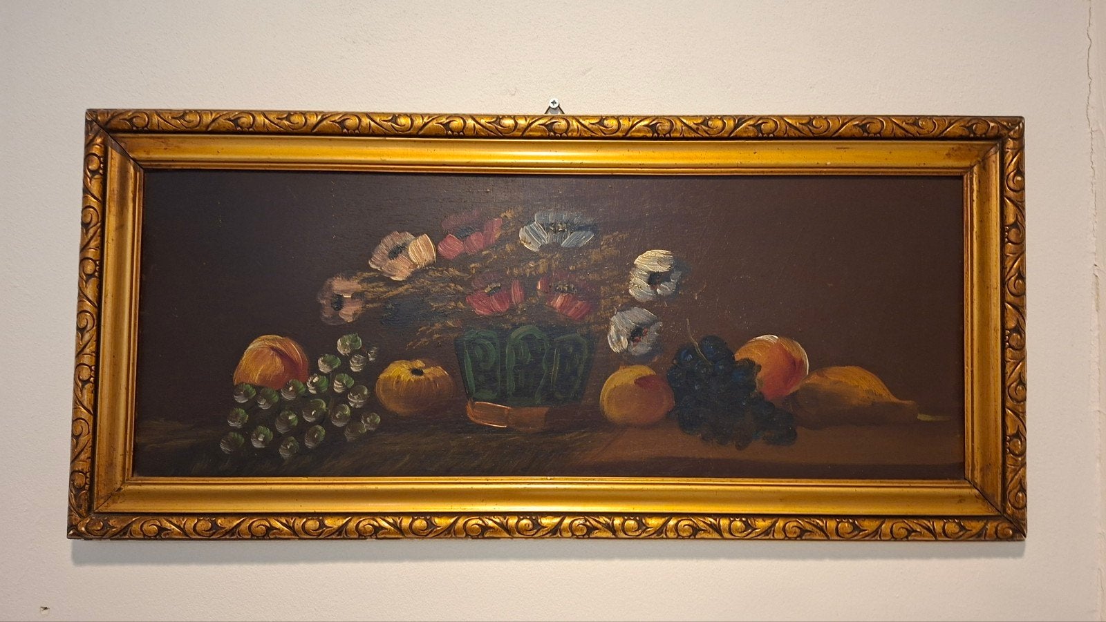 Stilleven met bloemen en fruit, olieverf op triplex, Antiek en Kunst, Ophalen, Paneel, Stilleven, Olieverf