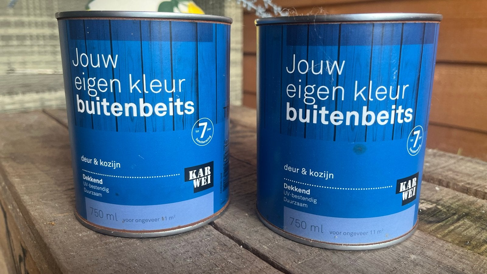 2x Karwei Buitenbeits Dekkend  antraciet 750ml, Doe-het-zelf en Verbouw, Ophalen, Blauw, Nieuw, Beits