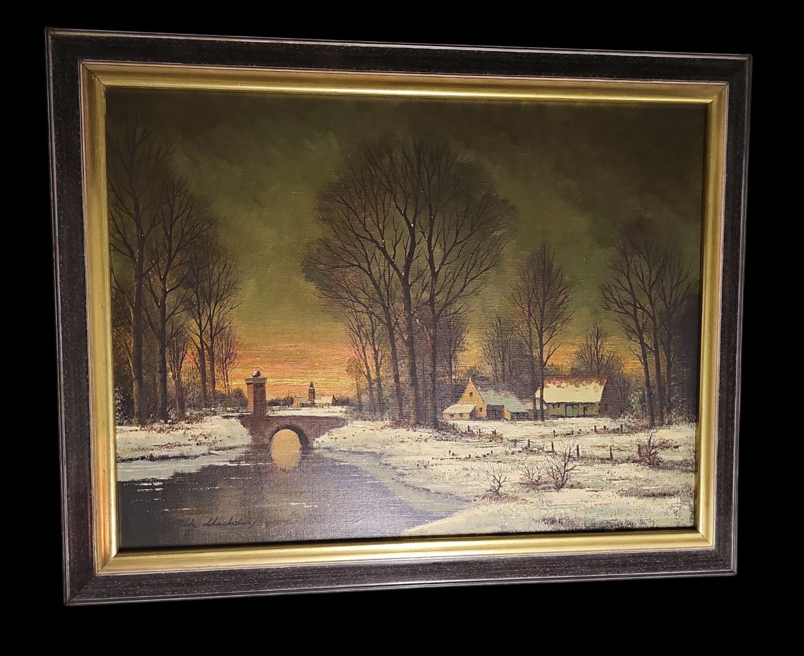 Schilderij Winterlandschap met brug en huizen, Ophalen of Verzenden