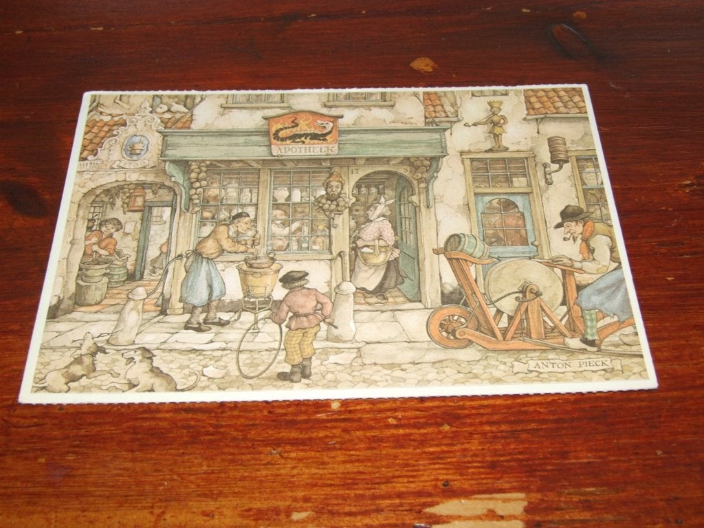32- Anton Pieck - Apotheek en Slijper (ca. 11,5 x 16,5 cm), 1960 tot 1980, Gebruikt, Verzenden, Prent