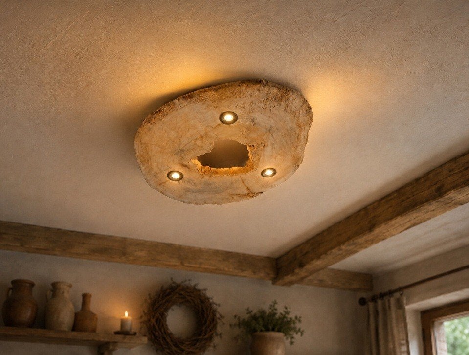 Landelijke plafondlamp van houten schijf, 50 cm, Design, Nieuw, Ophalen of Verzenden