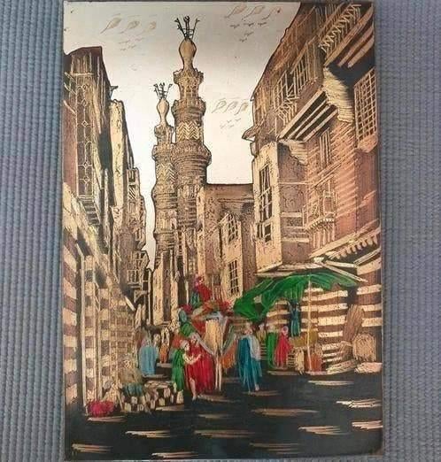 Vintage koperen handgeschilderd schilderij - Egypte, Antiek en Kunst, Antiek | Koper en Brons, Ophalen of Verzenden, Koper