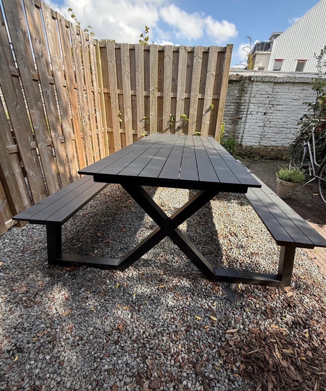 Robuuste picknickbank / tuinset - Zwart, Tuin en Terras, Ophalen, Gebruikt, Rechthoekig, Staal