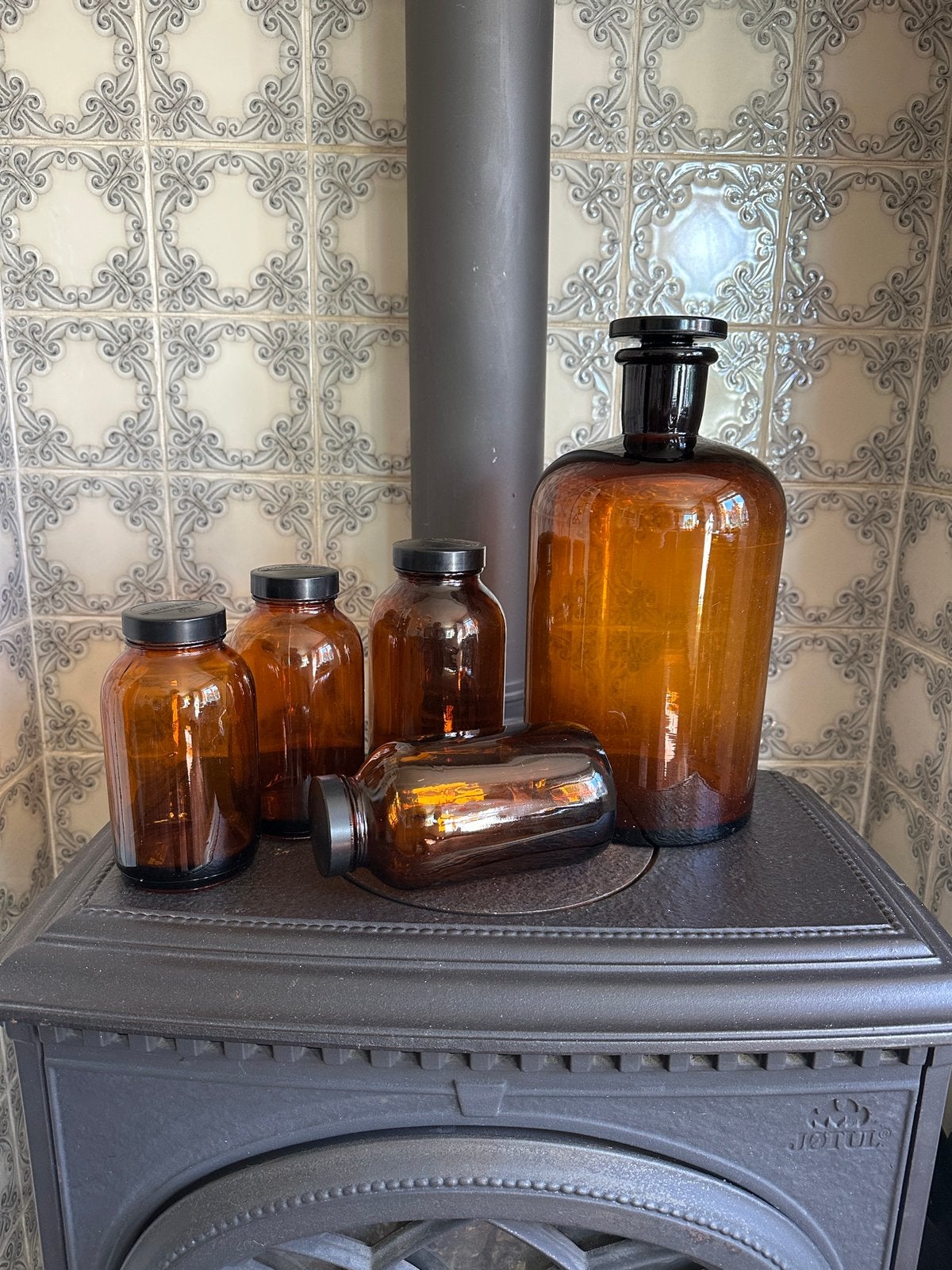 5 vintage Apothekersflessen / potten o.a. Brocades, Ophalen of Verzenden