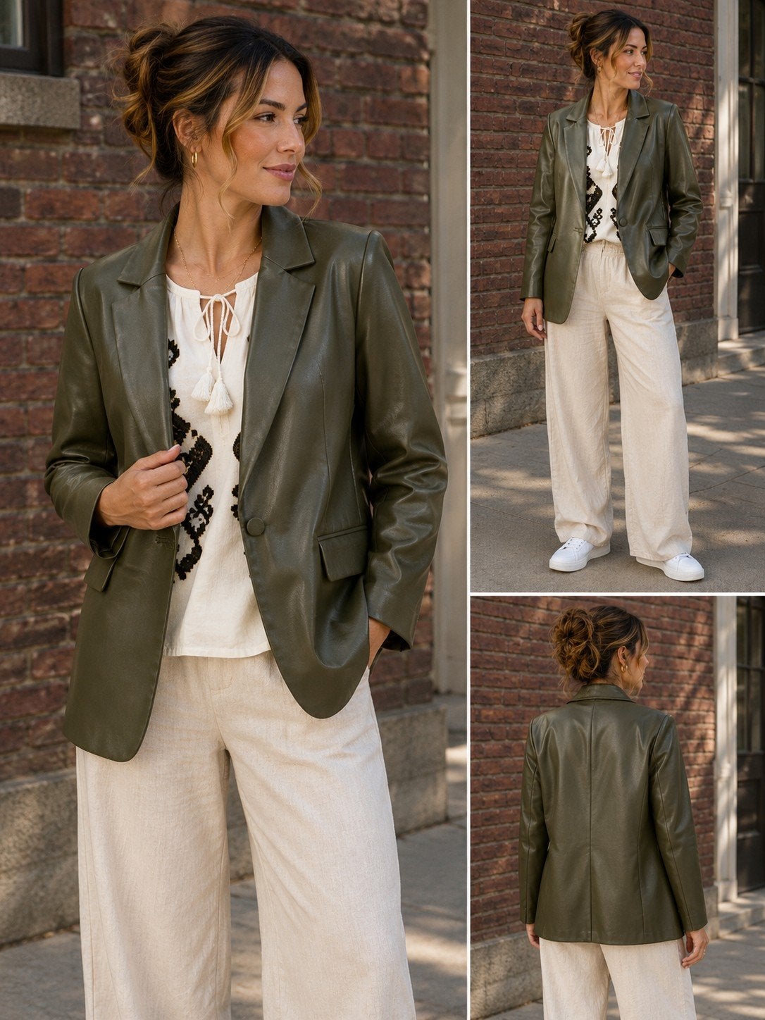 Pull & Bear kaki blazer van imitatieleer – maat XS, Kleding | Dames, Ophalen of Verzenden, Zo goed als nieuw, Pull & Bear, Maat 34 (XS) of kleiner