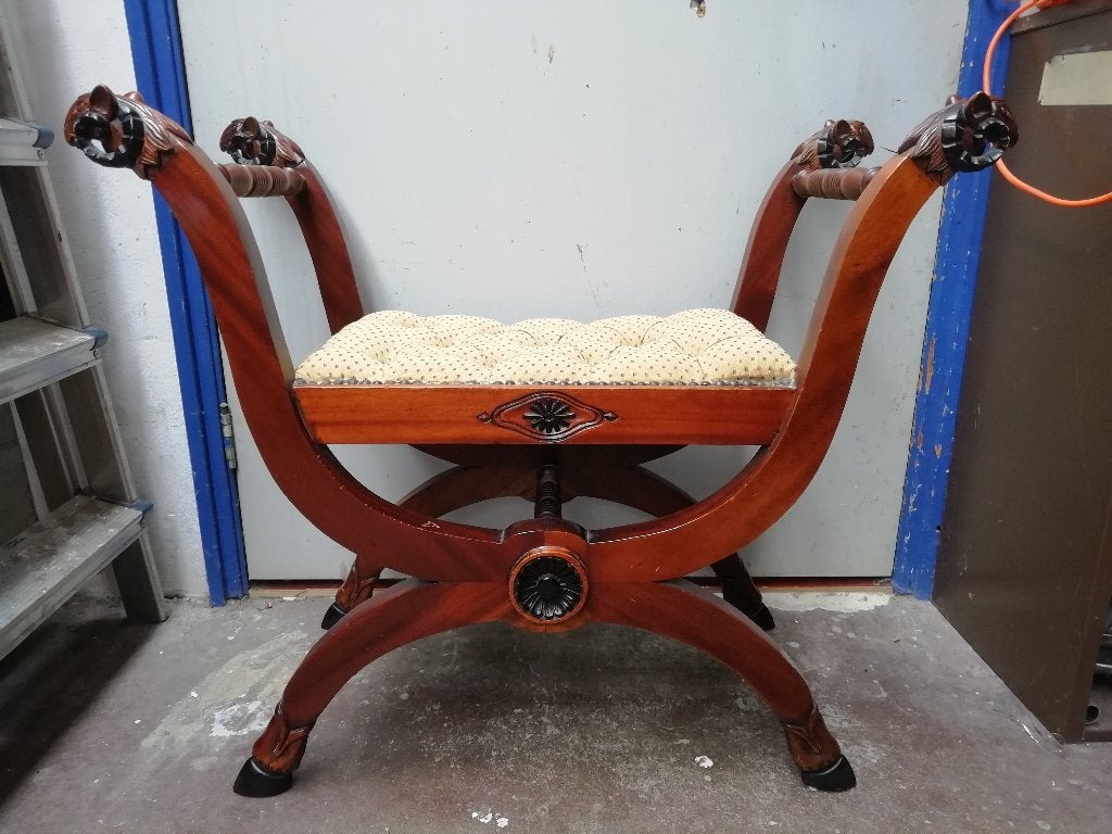 Antieke Franse kruk, Empire Stijl Mahoniehouten Tabouret, Ophalen