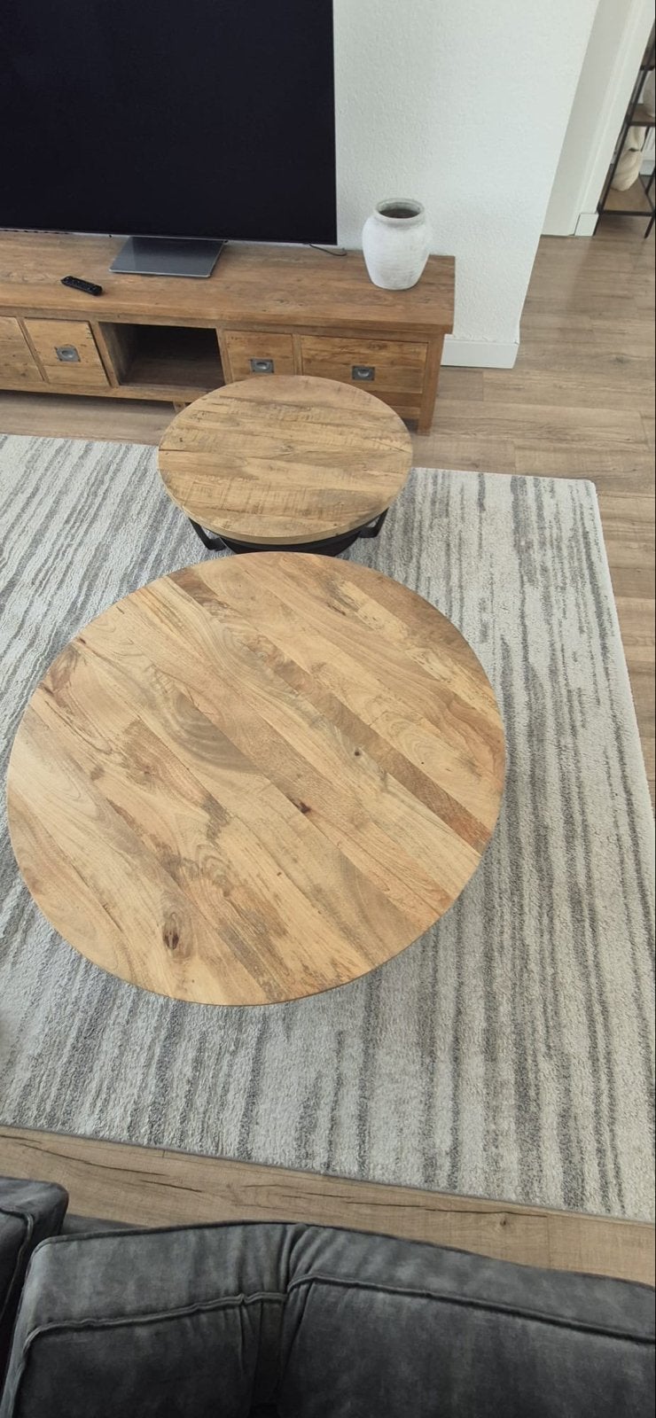 Set van 2 ronde salontafels van mangohout en metaal, Ophalen, 50 – 75, Rond, 50 tot 100 cm