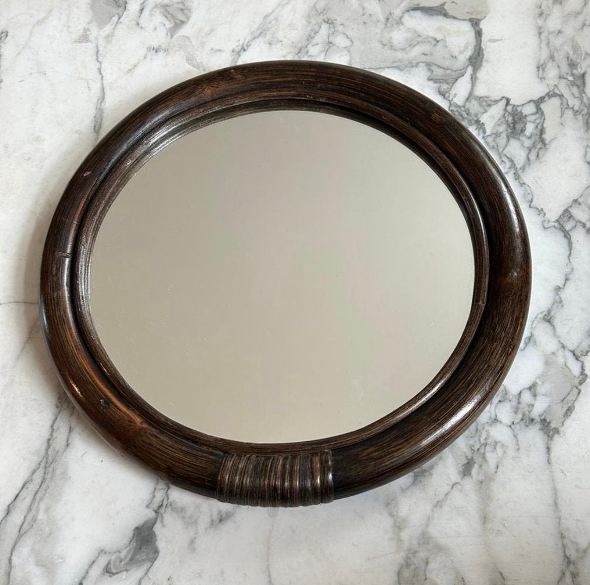 Vintage bamboe spiegel, Ophalen, Rond, Minder dan 50 cm, Minder dan 100 cm