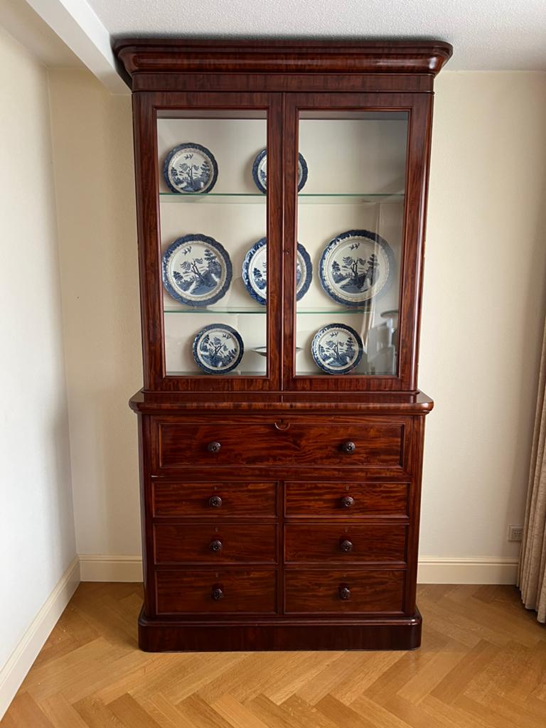 Engelse Mahonie Secretaire/Vitrinekast. Antiek. Hobbs London, Ophalen