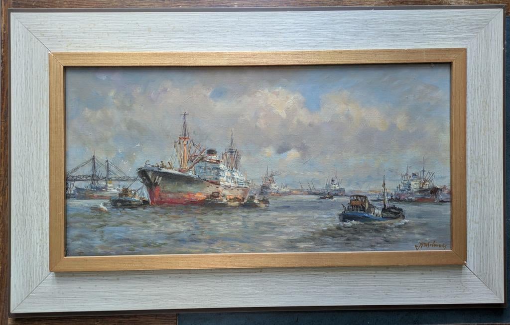 Schilderij Rotterdamse haven Joop Molenaar olieverf op doek, Antiek en Kunst, Kunst | Schilderijen | Klassiek, Ophalen