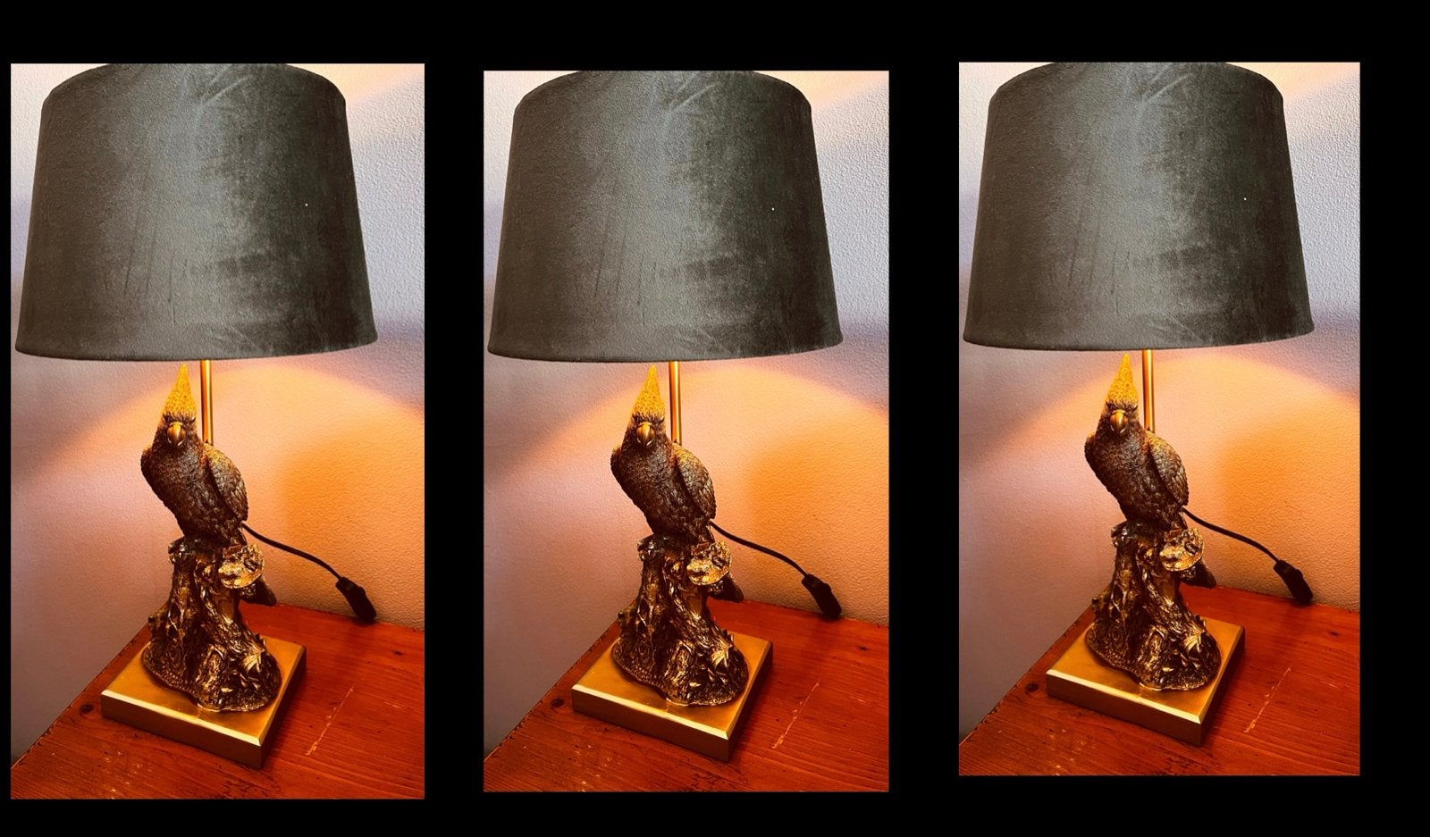 Set van 3 decoratieve schemerlampen met papegaai, Ophalen, Gebruikt, Goud, Met kap