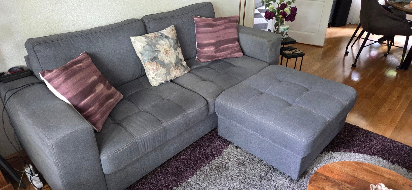 Grijze hoekbank met chaise longue en fauteuil, Ophalen, Gebruikt, 100 tot 125 cm, Hoekbank