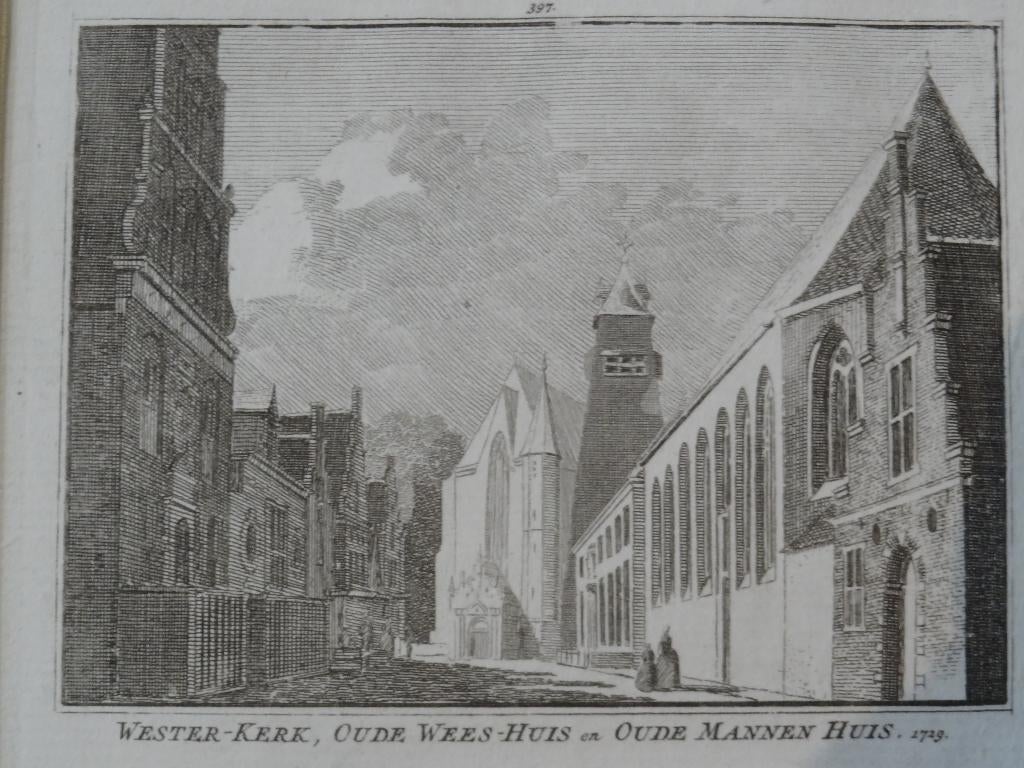 gravure Westerkerk, weeshuis, poort Enkhuizen Spilman 1729, Antiek en Kunst, Verzenden, Stadsgezicht, Origineel, Gravure