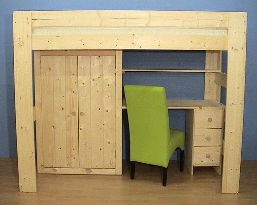 Houten HOOGSLAPER met kast en buro, Huis en Inrichting, Slaapkamer | Stapelbedden en Hoogslapers, 90 cm, Ophalen of Verzenden