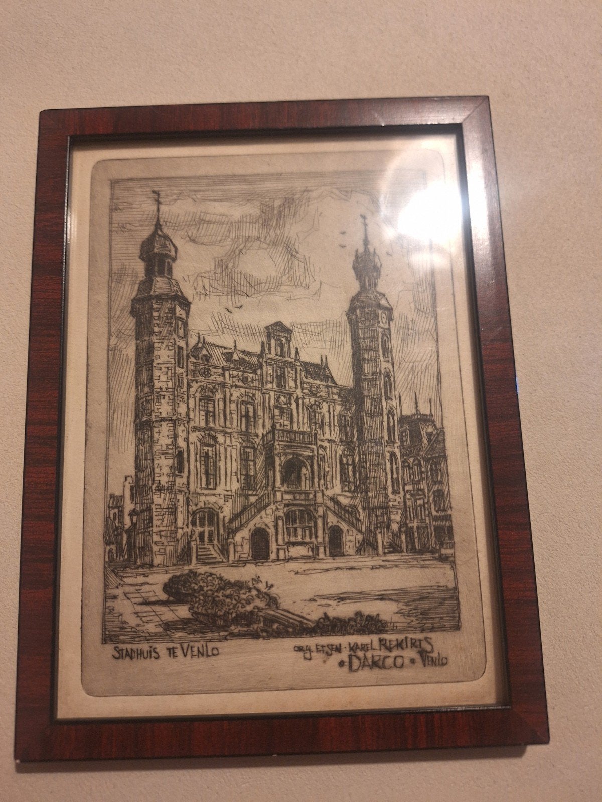 Originele ets Stadhuis Venlo - Karel Rekirts - DARCO, Antiek en Kunst, Ophalen, Ets, Stadsgezicht, Gesigneerd