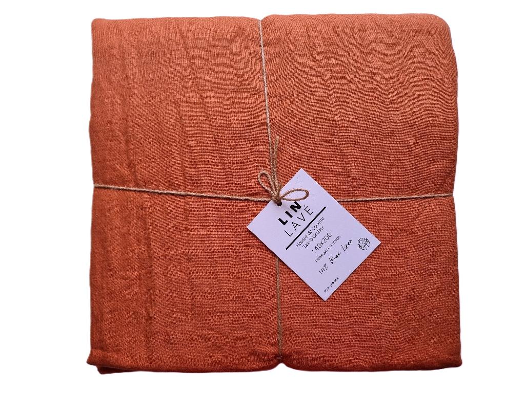 100% linnen dekbedovertrek 140x200 Dark Orange, Eenpersoons, Dekbedovertrek, Nieuw, Oranje