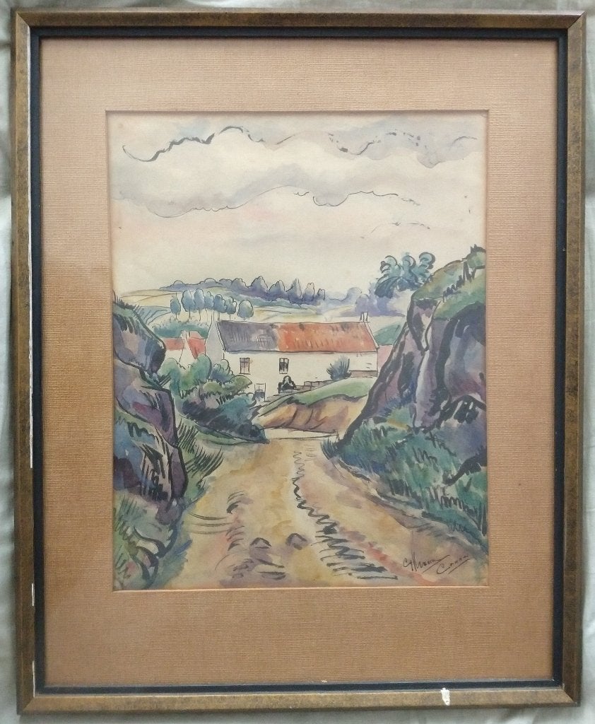 Aquarel landschap met hoeve. Aquarel, Antiek en Kunst, Ophalen of Verzenden