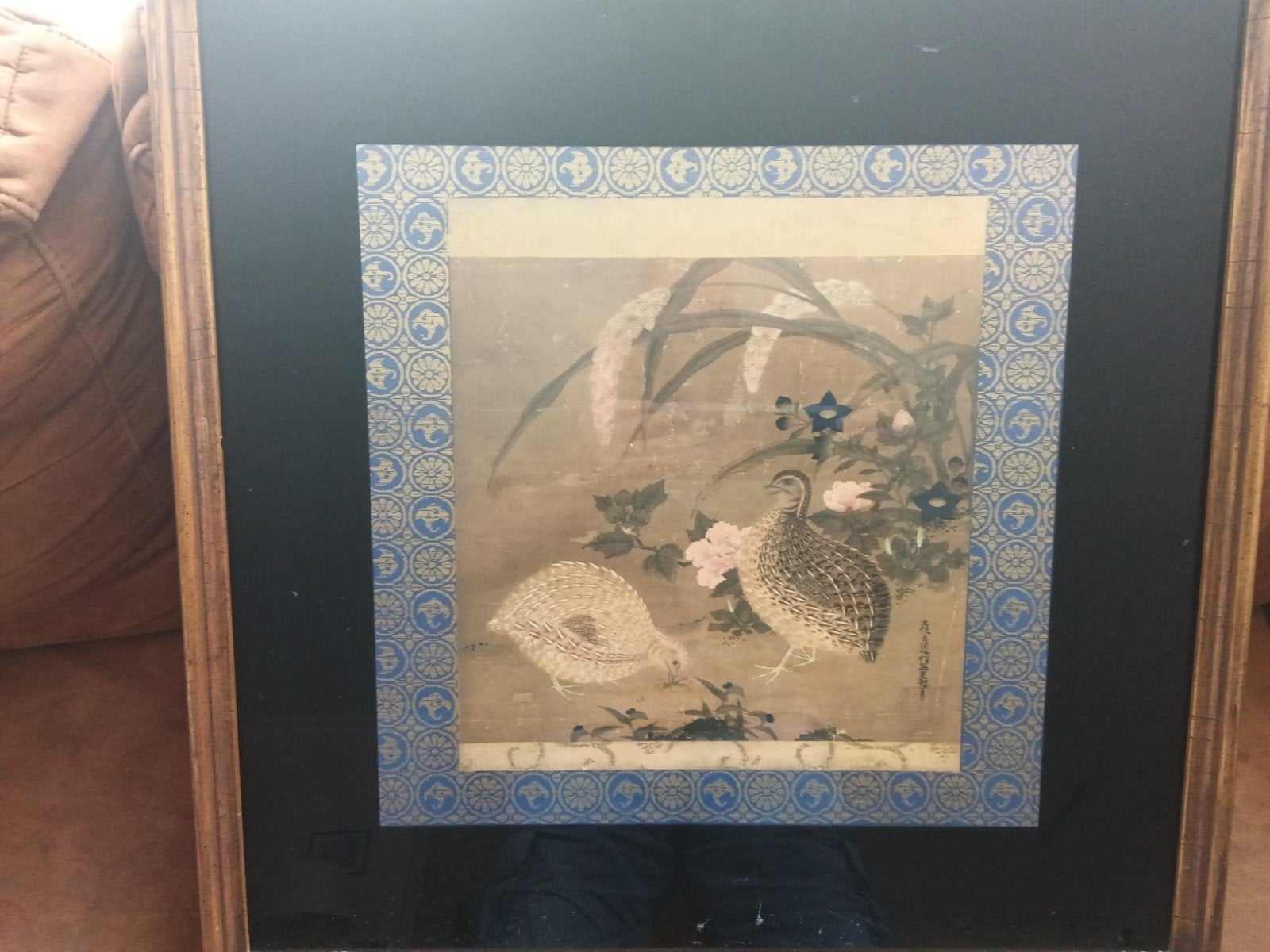Ingelijst Japans schilderij met kwartels en bloemen, Schilderij, Blauw, Ophalen of Verzenden, Japan