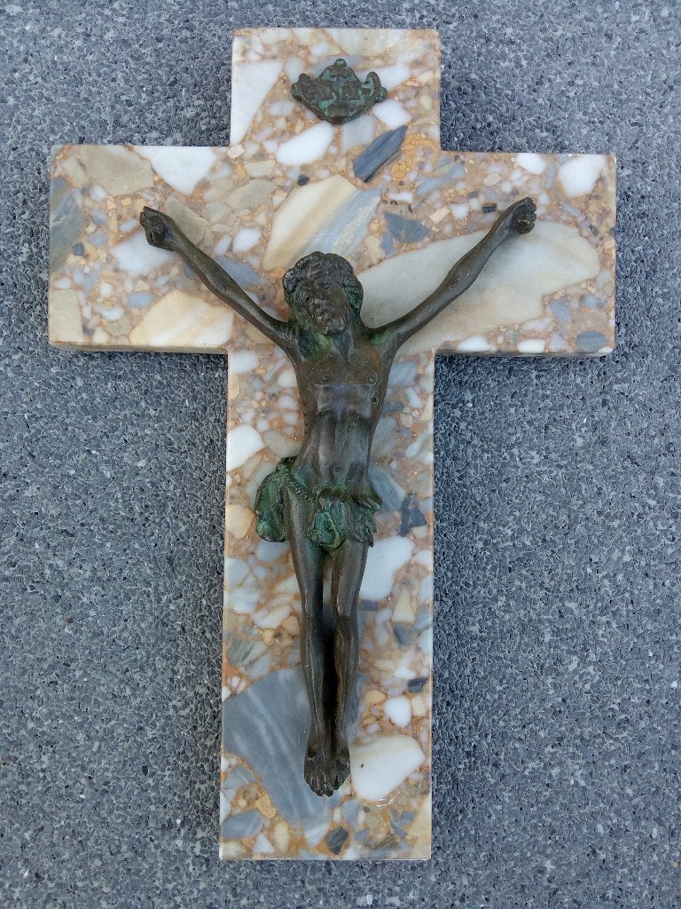 Kruis Jezus op granietsteen, met bronzen corpus., Verzamelen, Ophalen of Verzenden, Gebruikt, Christendom | Katholiek