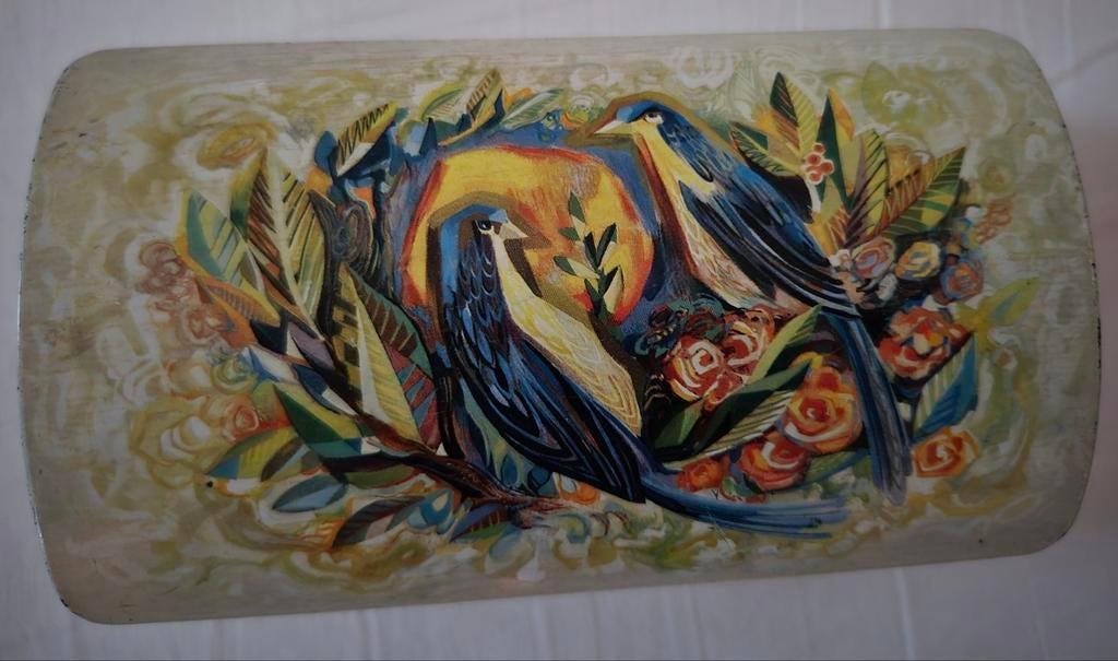 Blik met blauwe tropische vogels nog heel mooi, Verzenden