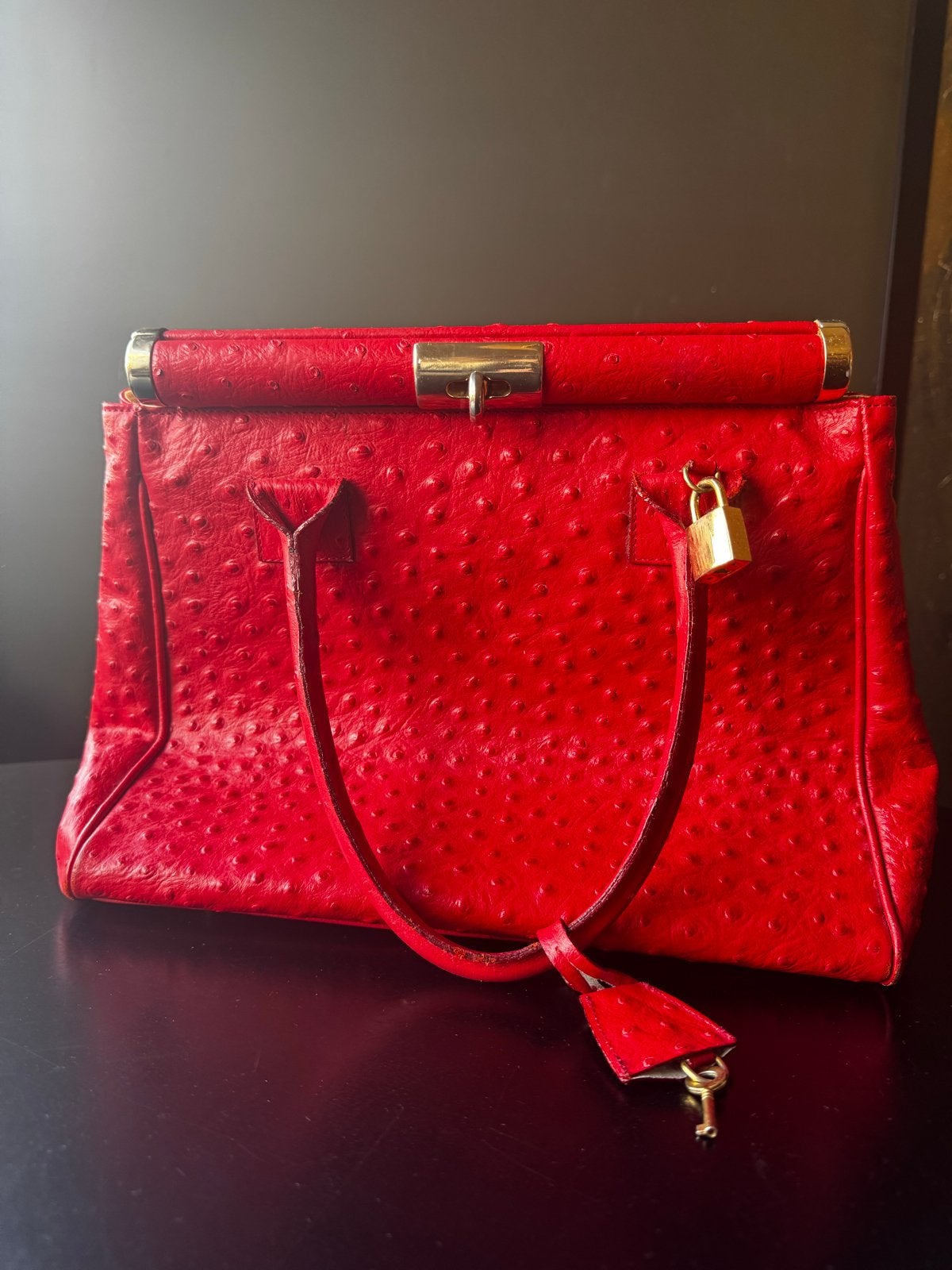 Vintage Tristano Onofri Milano Struisvogel Leren Handtas, Ophalen of Verzenden, Gebruikt, Rood, Handtas