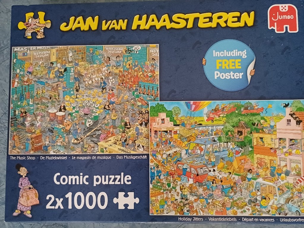 Jan Van Haasteren 2 x 1000 stukjes puzzel Music shop Holiday, Ophalen of Verzenden, 500 t/m 1500 stukjes, Gebruikt, Legpuzzel