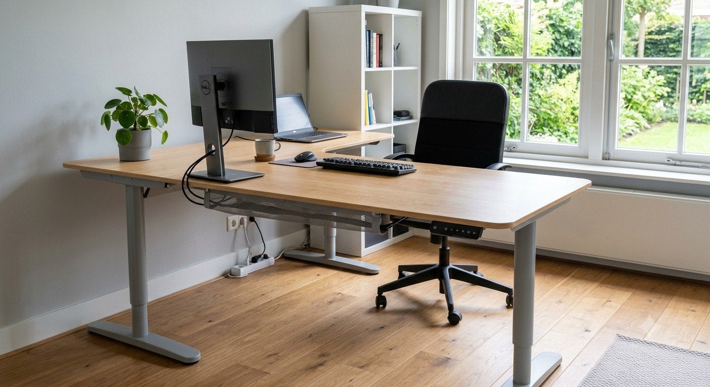 Ikea Bekant elektrisch verstelbaar bureau 160 x 120 cm, Ophalen, Gebruikt, Hoekbureau, Bruin