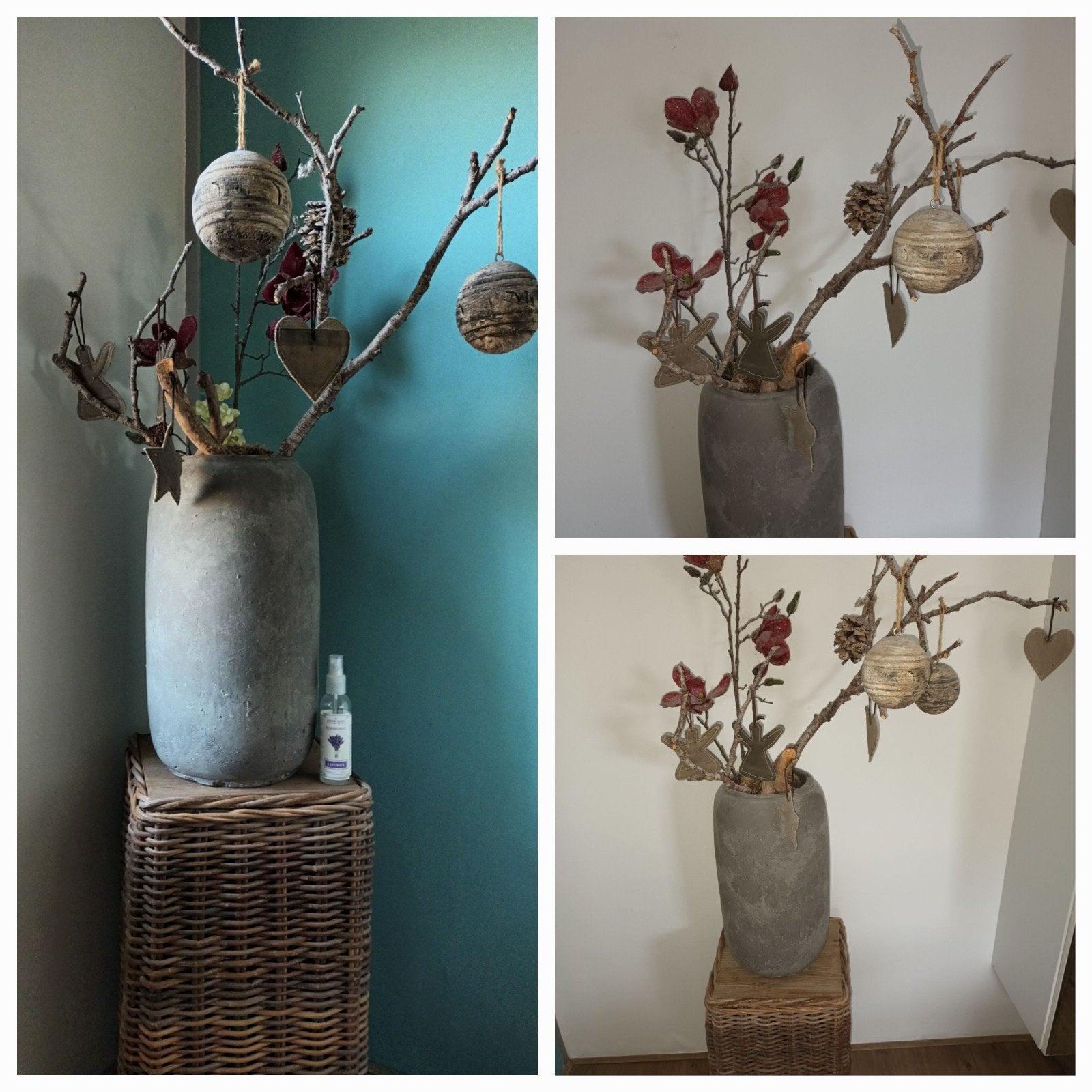 Rustieke kruikvaas betonlook met takken en decoratie +zuil, Ophalen, Gebruikt, Inclusief decoratie, Grijs