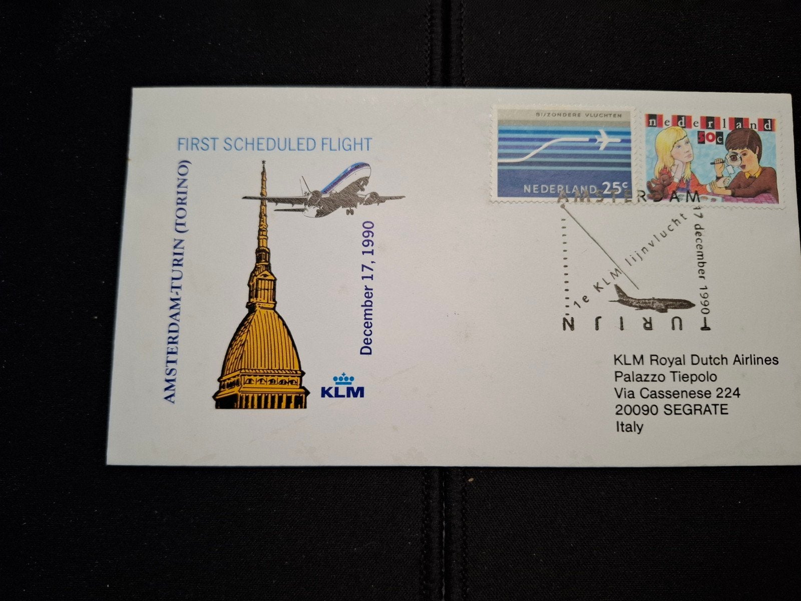 KLM Eerste Lijnvlucht Amsterdam - Turijn 17-12-1990 Envelop, Ophalen of Verzenden