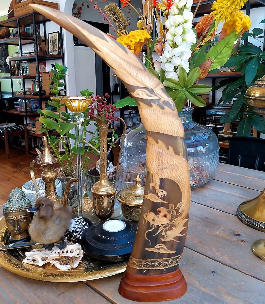 Vintage Waterbuffel Hoorn - met Chinese Draak, Ophalen of Verzenden