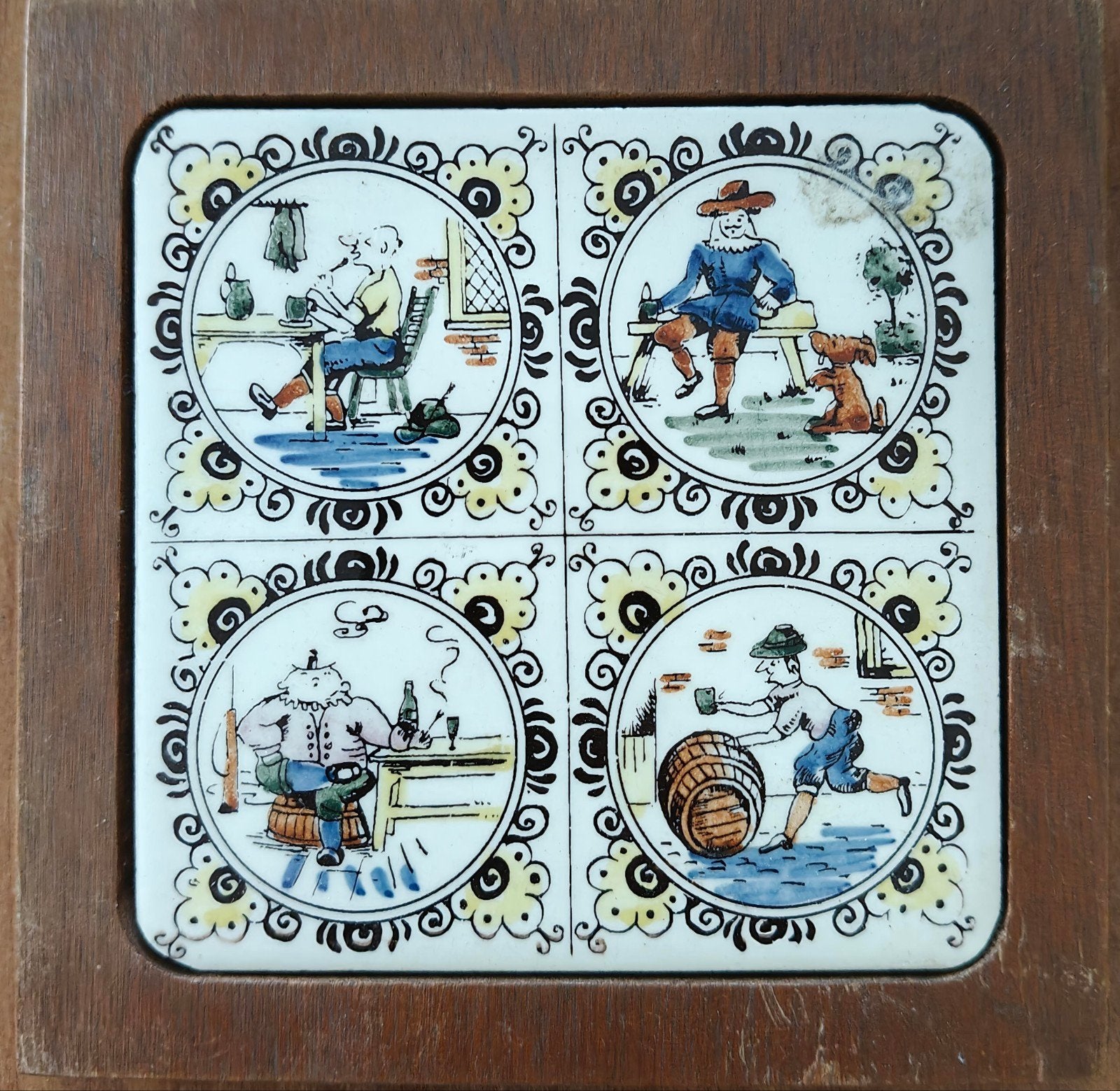 Vier kleine tegeltjes op hout, Delfts blauw stijl, Ophalen of Verzenden