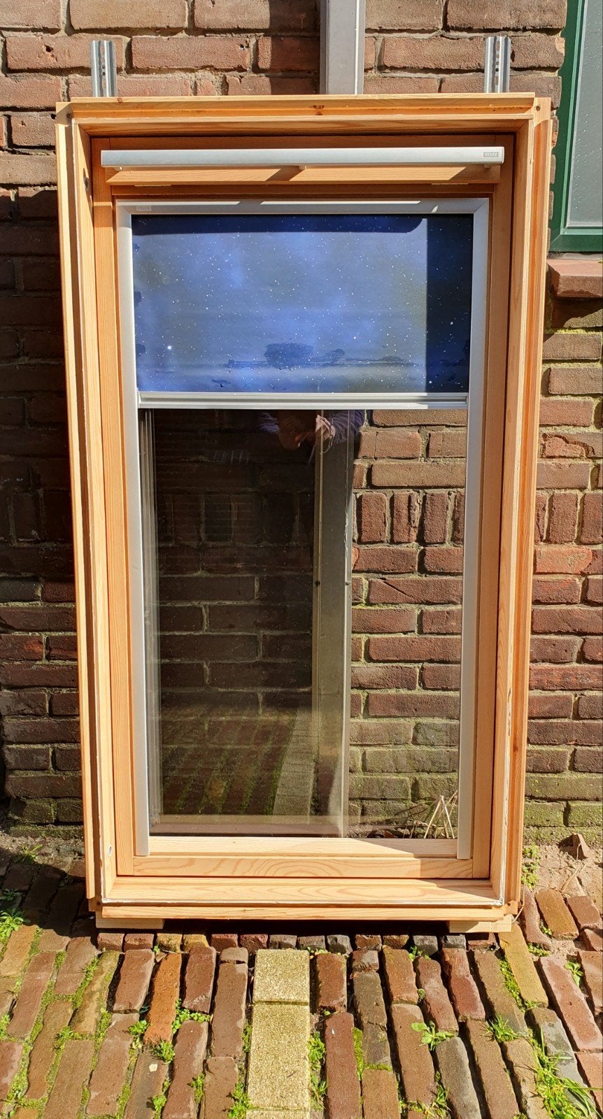 Velux GGL M08 dakraam met blauw rolgordijn, Ophalen, Gebruikt, Minder dan 80 cm, 120 tot 160 cm