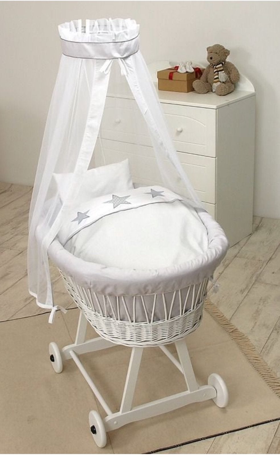 MamaLoes Grey Star de Luxe Wit Baby Wiegje, Ophalen, Zo goed als nieuw, Wieg
