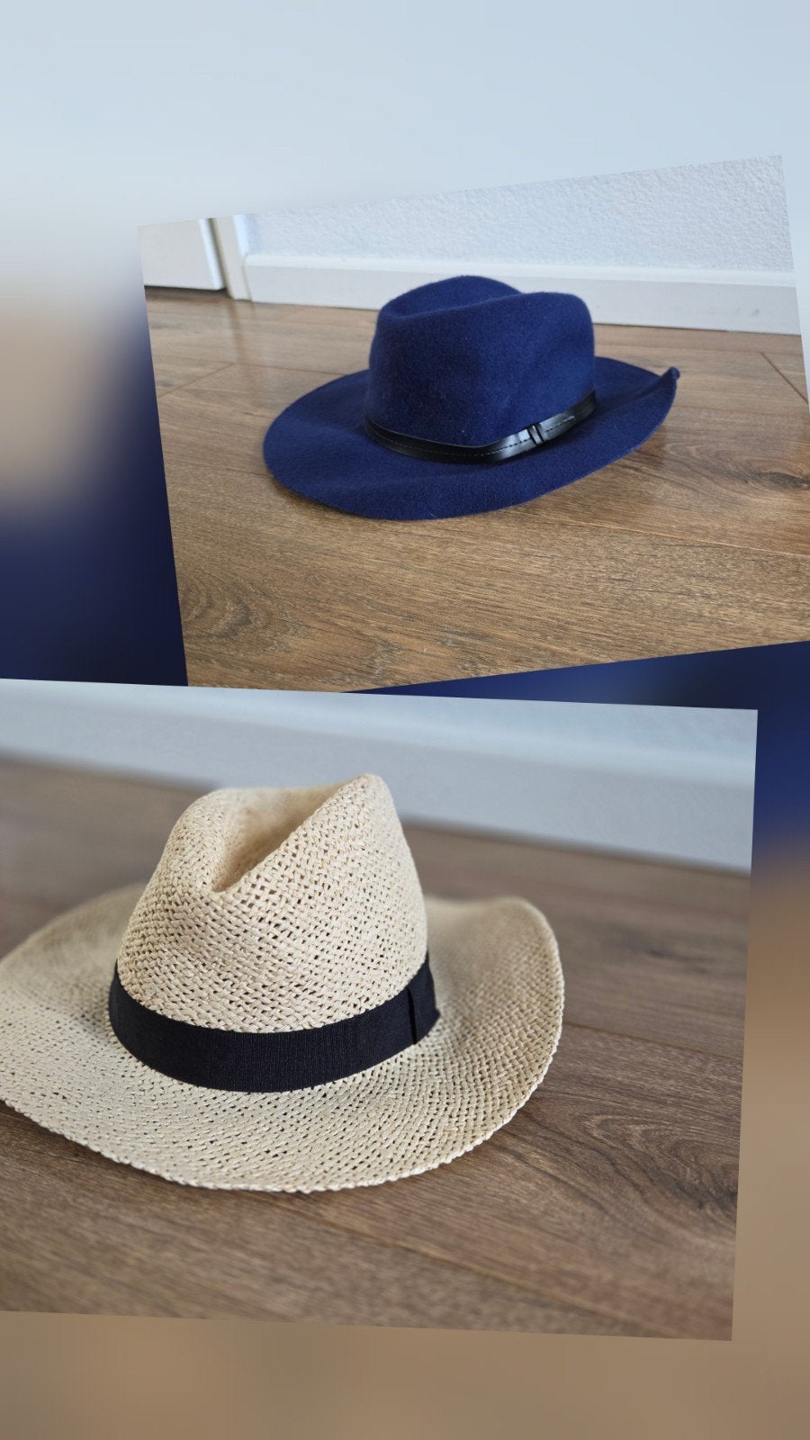 2 zomerhoedjes: blauwe vilten hoed en beige strohoed, Hoed, H&M Divided, Gedragen, One size fits all