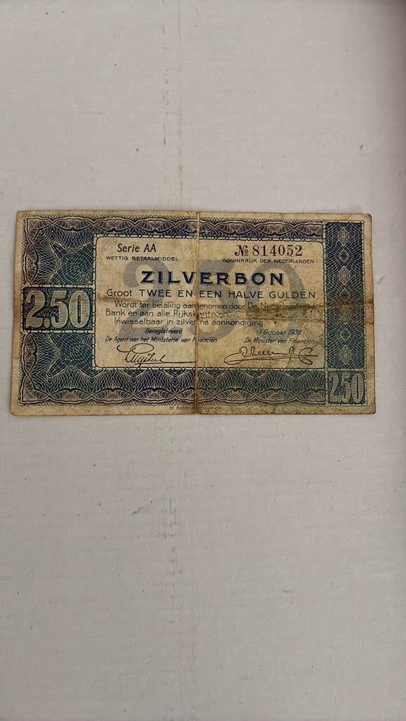 2,5 gulden 1938 AA serie, Ophalen of Verzenden