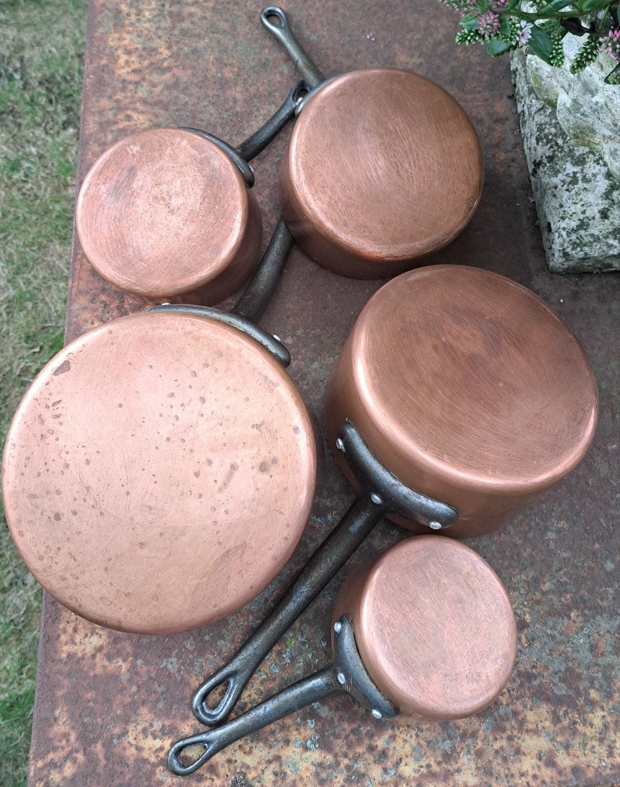 5 antieke rood koperen steelpannen in goede staat koken, Antiek en Kunst, Antiek | Keukenbenodigdheden, Ophalen of Verzenden