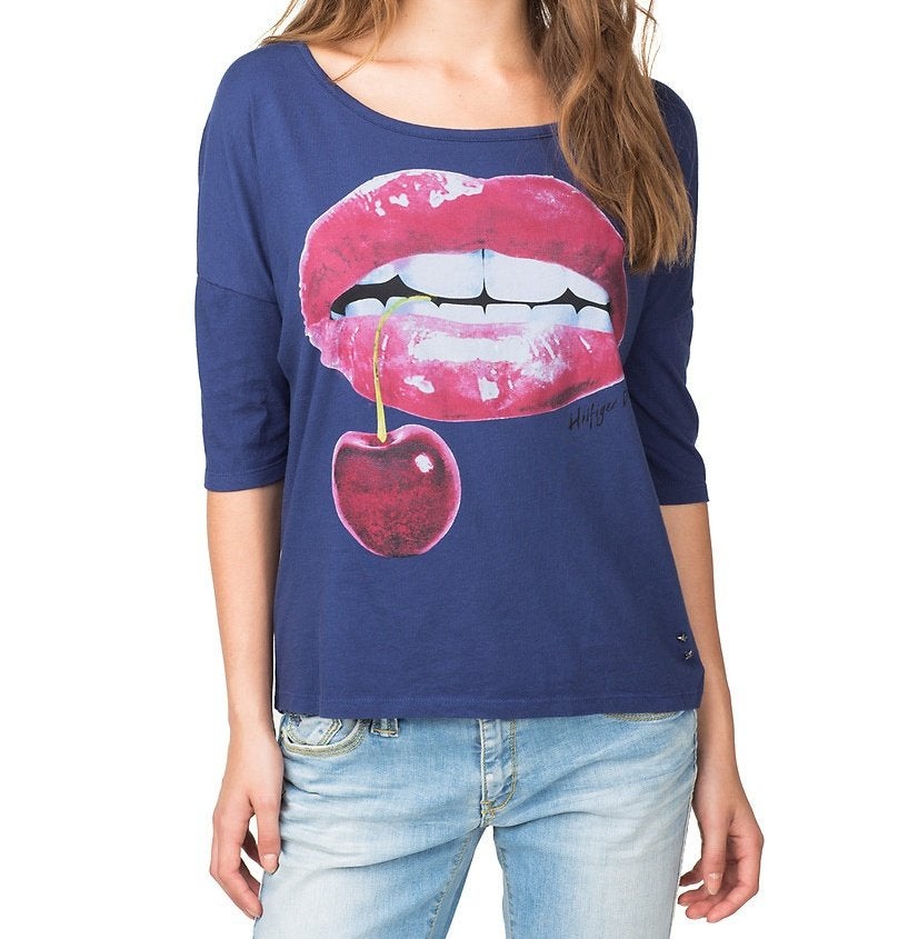 Tommy Hilfiger blauw Seneta t-shirt top met cherry lips XS, Blauw, Nieuw, Ophalen of Verzenden, Korte mouw