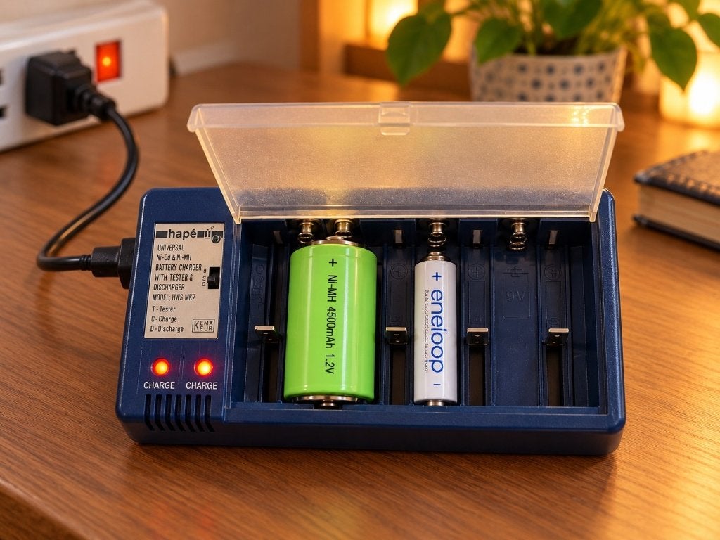Hape universele batterijlader met tester en ontlader, Ophalen of Verzenden, Gebruikt