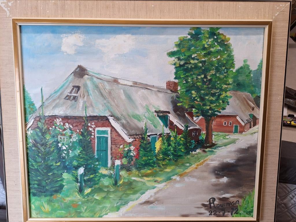 Schilderij boerderij R. Ovinga 22-7-72, Antiek en Kunst, Kunst | Schilderijen | Klassiek, Ophalen