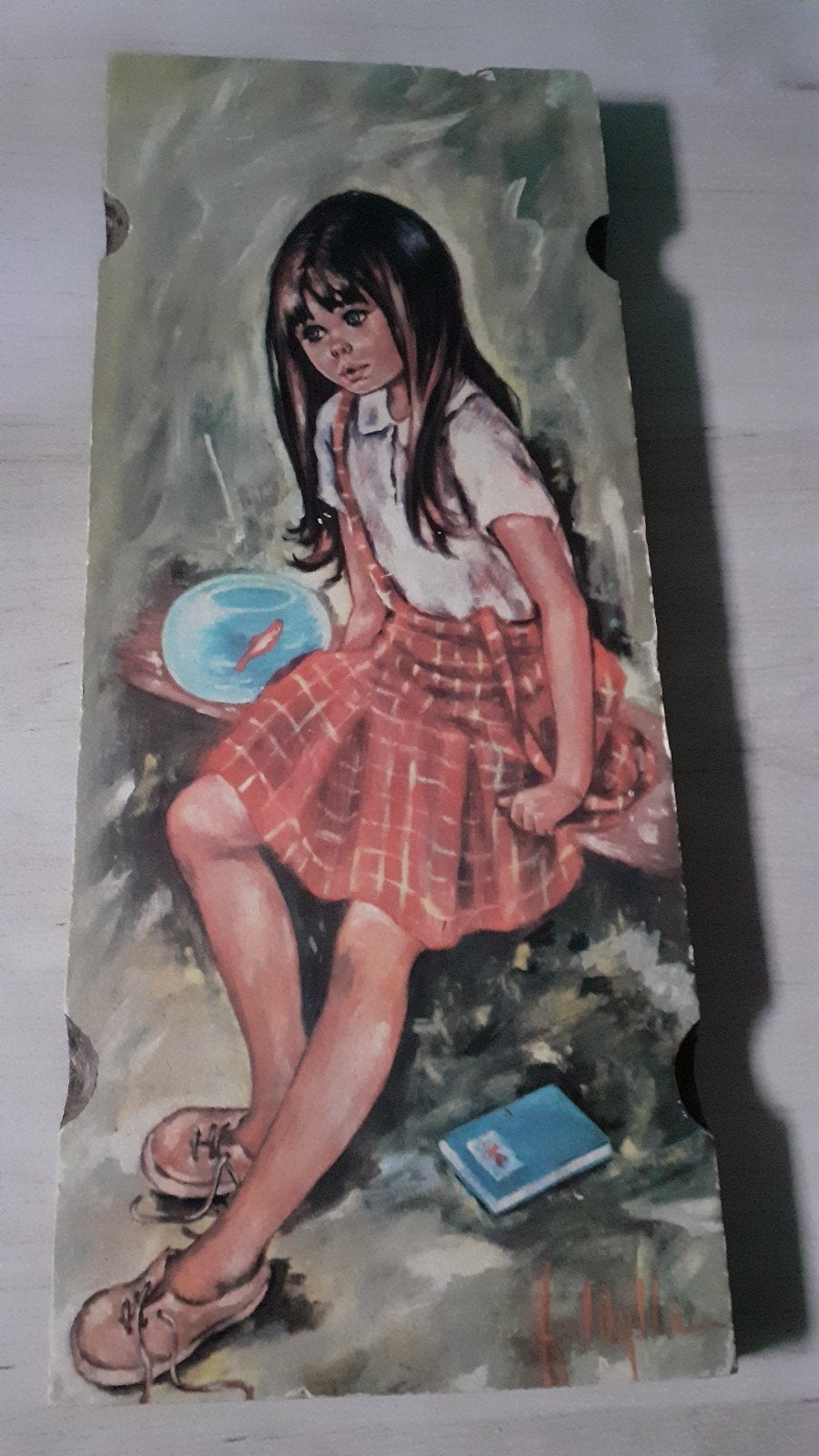 Vintage schilderij meisje met goudvis, Ophalen of Verzenden