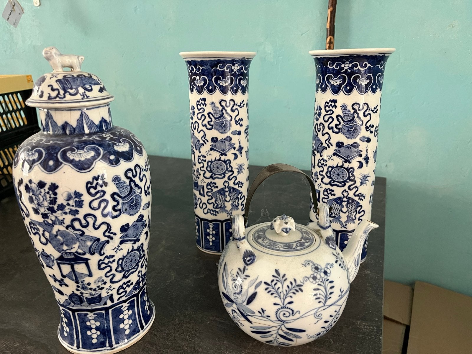 Set van 4 Delfts Blauw stijl vazen en theepot, Ophalen of Verzenden