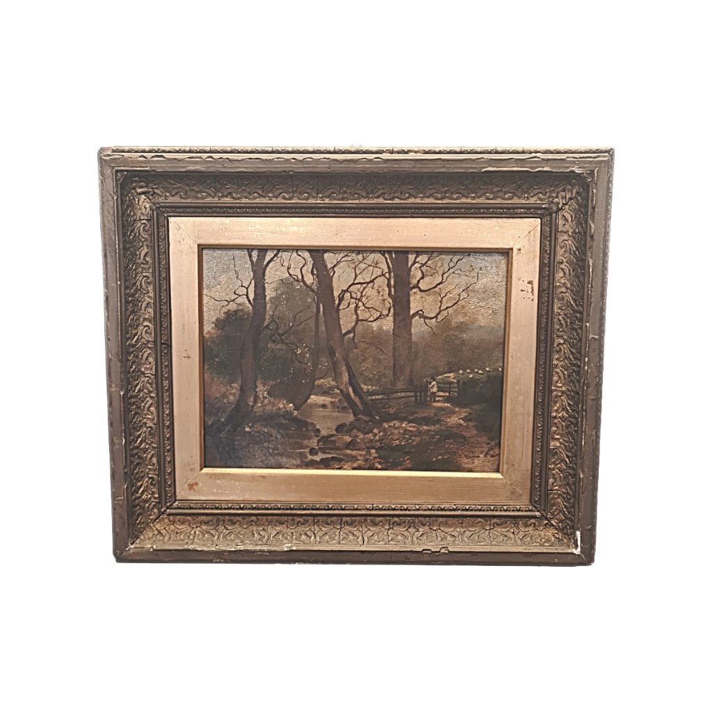 Antiek schilderij met beekje in bos, Ophalen