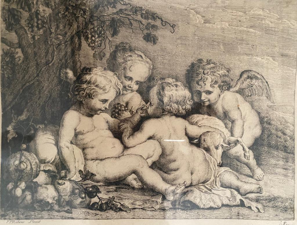 Antieke ets v. Philip Spruyt naar Rubens 18e eeuws putti, Antiek en Kunst, Ophalen of Verzenden