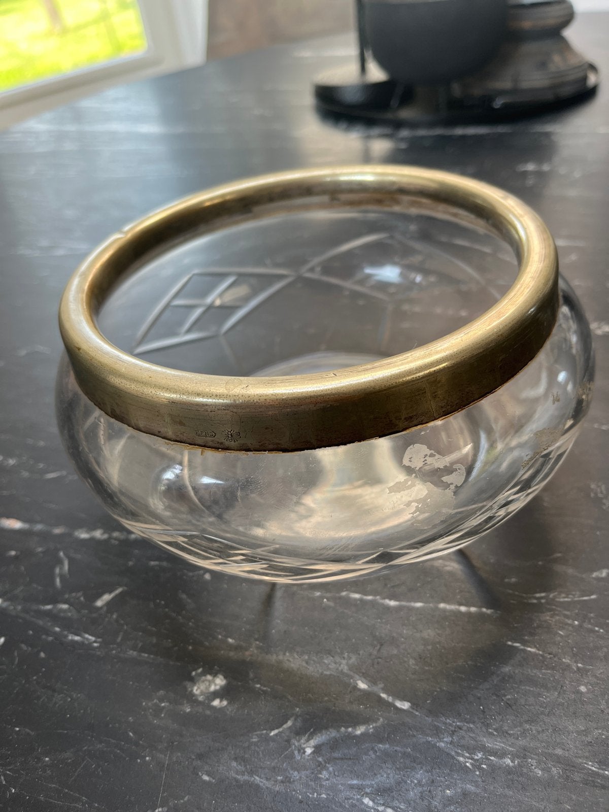 Antieke glazen decoratieschaal bonbonniere  met messing rand, Ophalen of Verzenden