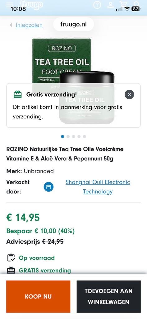 ROZINO Tea Tree Oil Voetcrème Vitamine E & Aloë Vera 50g, Ophalen, Nieuw, Bodylotion, Crème of Olie