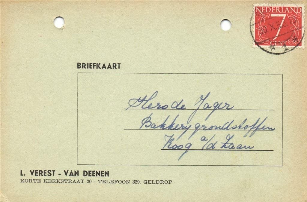 L. Verest-van Deenen, Geldrop - 10.1953 - briefkaart, Postzegels en Munten, Brieven en Enveloppen | Nederland, Ophalen of Verzenden