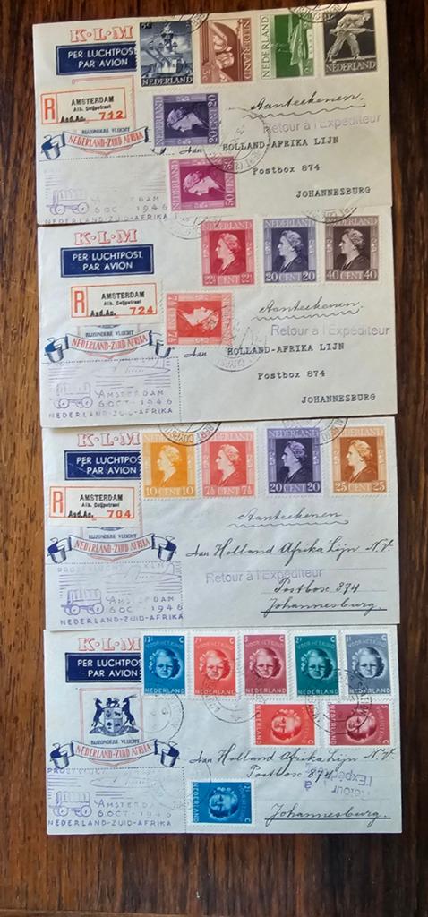 4 KLM bijzondere vluchten enveloppen - Nederland-Zuid Afrika, Verzamelen, Verzenden