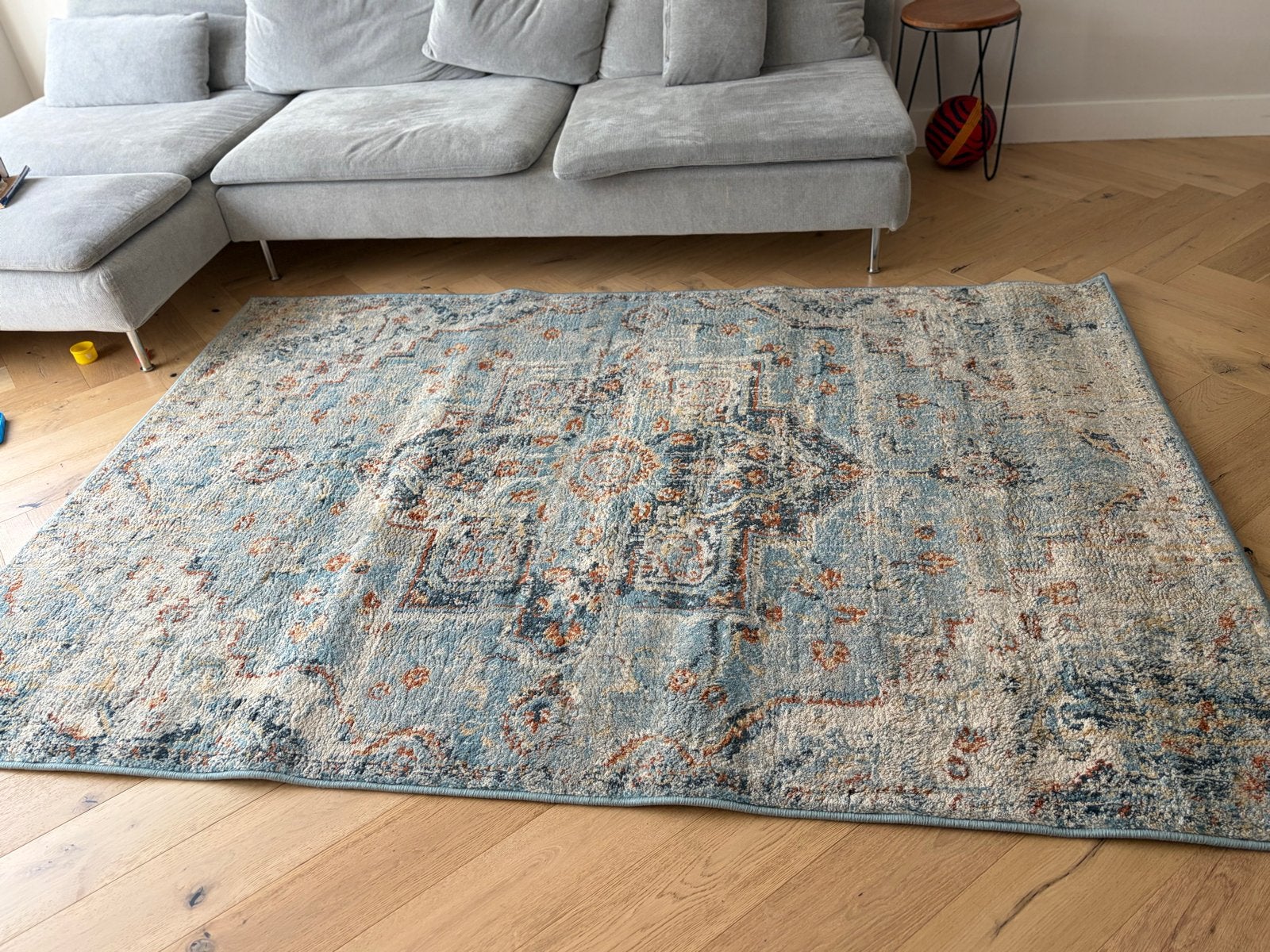 Blauw/beige vloerkleed met vintage patroon, Gebruikt, Blauw, 150 tot 200 cm, 200 cm of meer