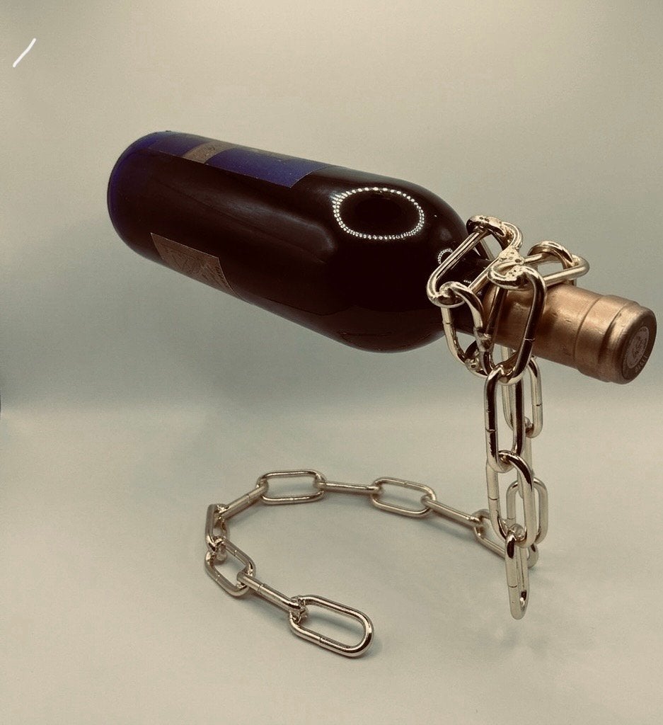 Zwevende Wijnfleshouder - Ketting Design, Ophalen of Verzenden, Zo goed als nieuw, Zilver, Metaal