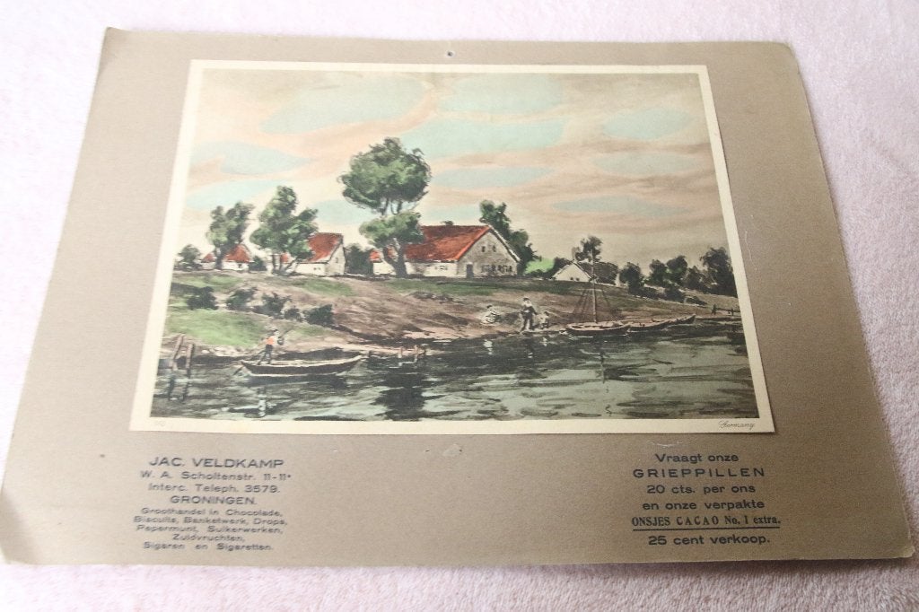 Oude prent. Jac Veldkamp. Reclame. Huizen aan het water, Ophalen of Verzenden, Voor 1940, Gebruikt, Overige onderwerpen